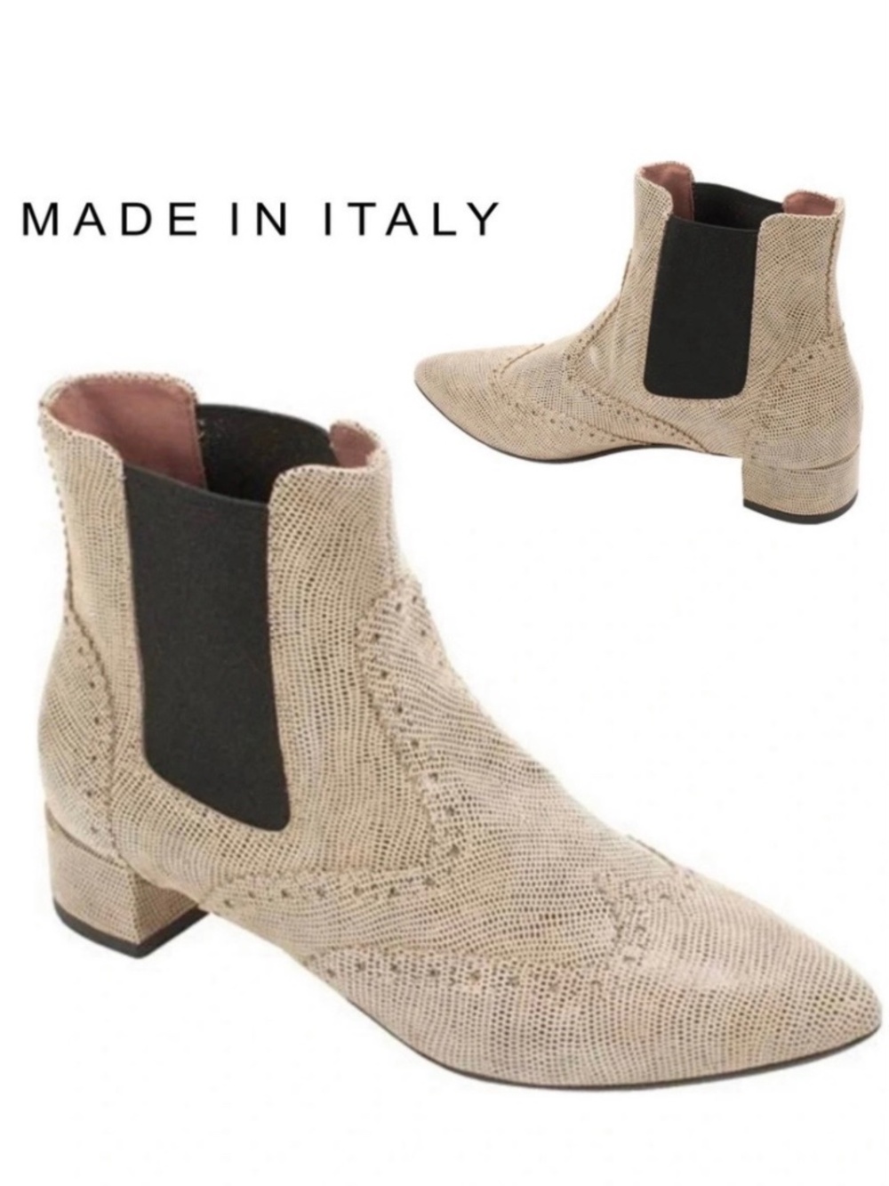 Designer Made in Italy Snake Animal Print Beige Leather Chelsea Ankle Boots 36